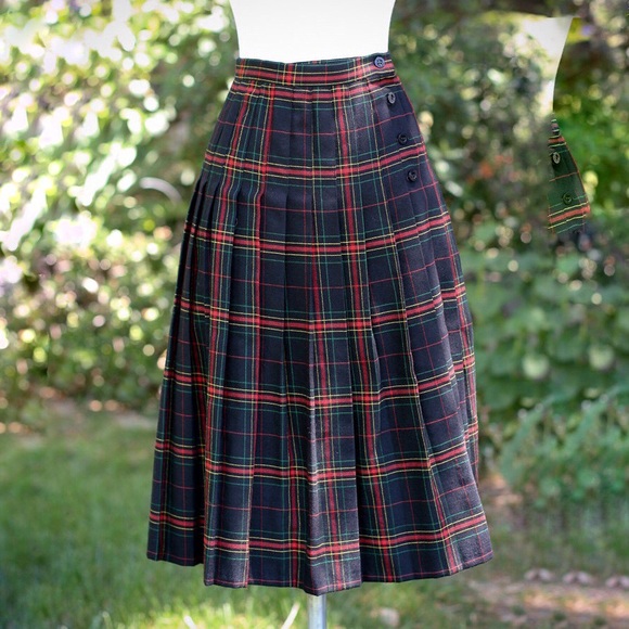 VINTAGE Black Uniform Pleated Kilt Skirt XS Wool midi skirt - Picture 2 of 8